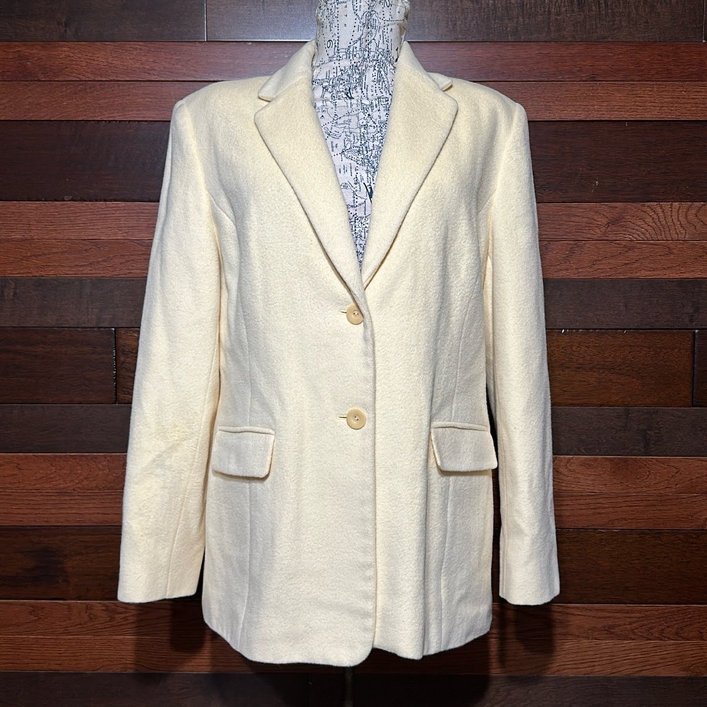 Vintage Talbots Cloverleaf Lapel Light Lemon Yellow Angora Wool Blend Pea Coat
